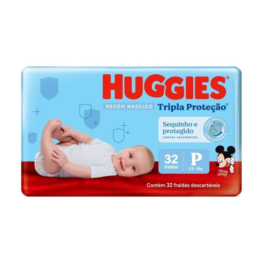 Huggies Fralda Descartável Tripla Proteção Jumbo - Recém Nascido Tamanho P, 9 Pacotes com 32 Fraldas - Total 288 Tiras