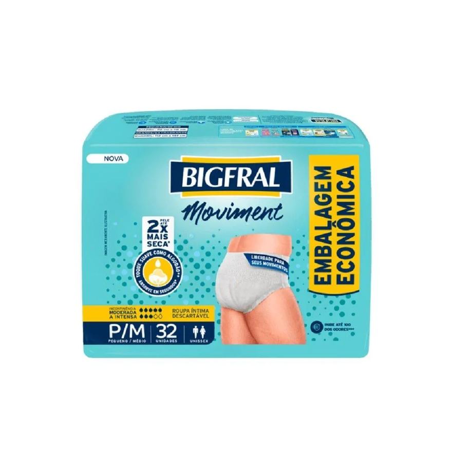 Bigfral Fralda Descartável Adulto Roupa Íntima Moviment Tamanho P/m - 4 Pacotes com 32 Fraldas - Total 128 Tiras