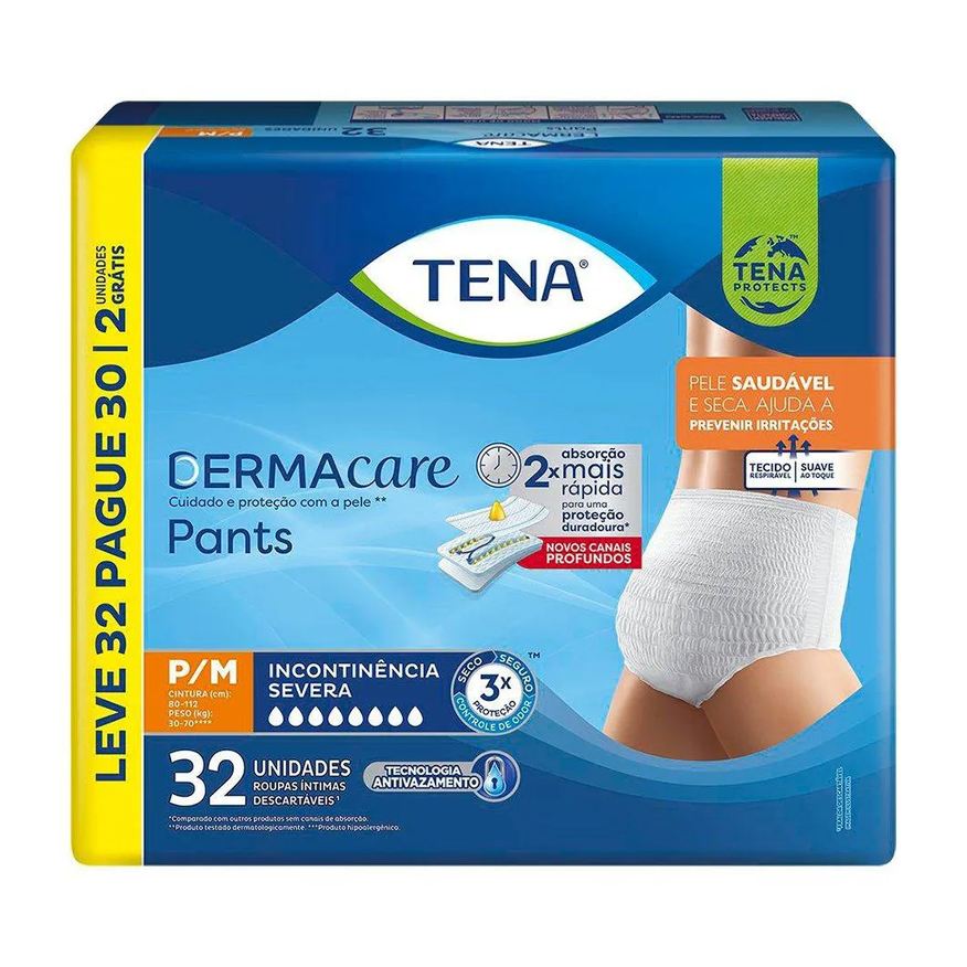 Tena Fralda Descartável Adulto Pants Dermacare Tamanho P/m - 3 Pacotes com 32 Fraldas - Total 96 Tiras