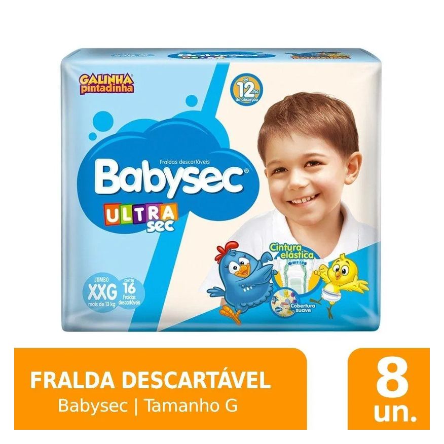 Babysec Fralda Descartável Ultra Sec Galinha Pintadinha Jumbo Tamanho Xxg - 8 Pacotes com 16 Fraldas - Total 128 Tiras