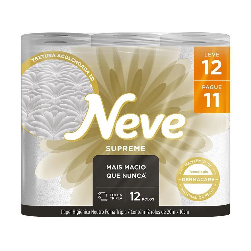 Kit 3 Papel Higiênico Neve Supreme Folha Tripla Leve 12un Cada
