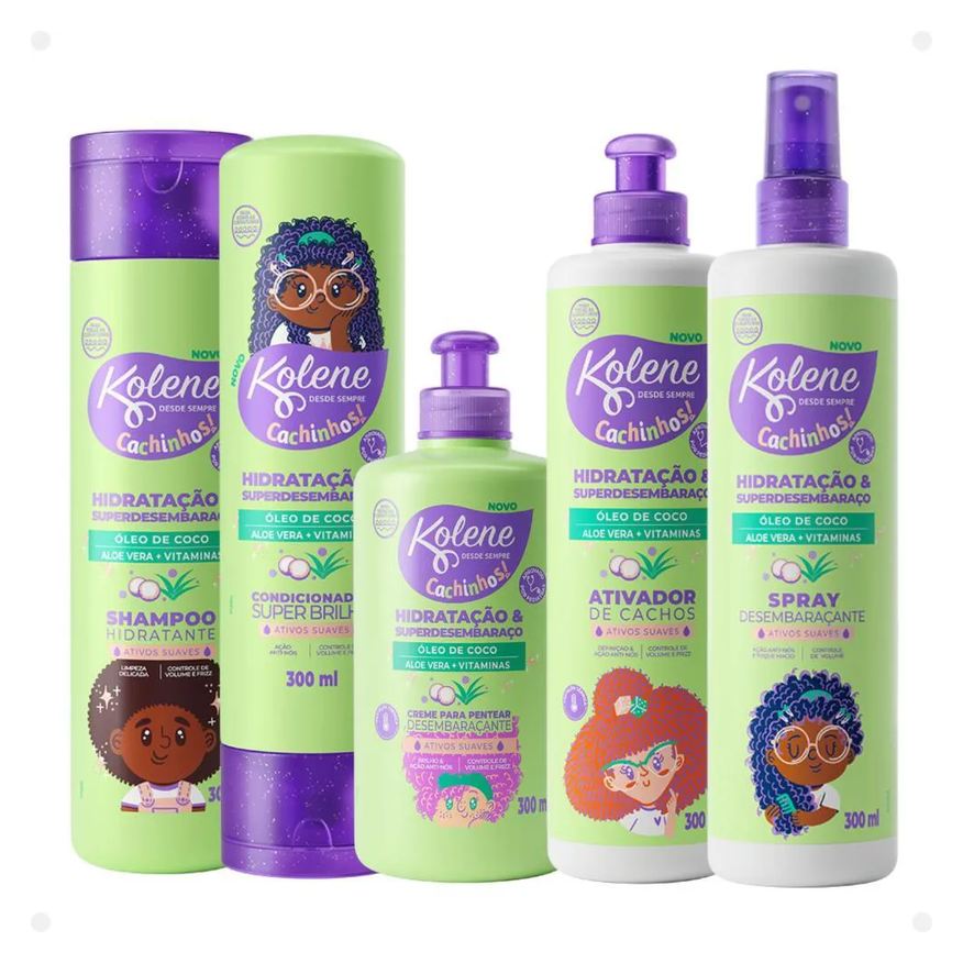 Kolene Kit Cachinhos: Shampoo, Condicionador, Creme para Pentear, Ativador de Cachos Spray Desembaraçante 300ml