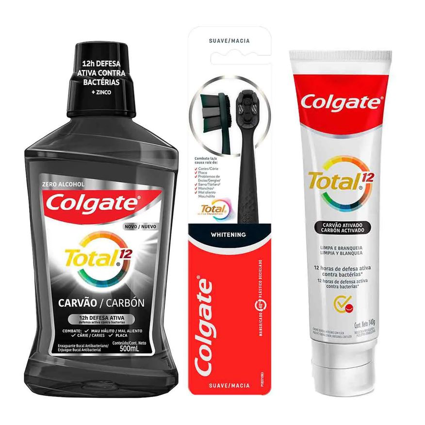 Colgate Kit Total Prevenção Ativa Carvão Ativado Pasta de dente + Escova de Dente Whitening Macia 2 Unidades + Enxaguante Bucal Sem Álcool