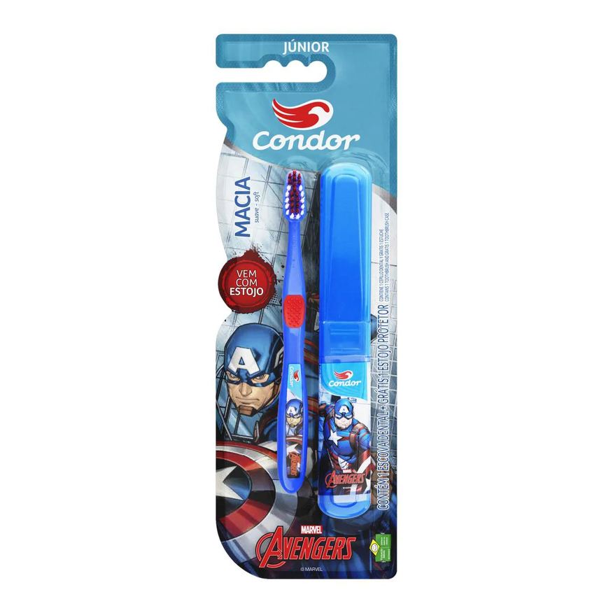 CONDOR ESCOVA DENTAL MACIA E SUAVE AVENGERS JúNIOR CABEçA P ESTOJO PROTETOR