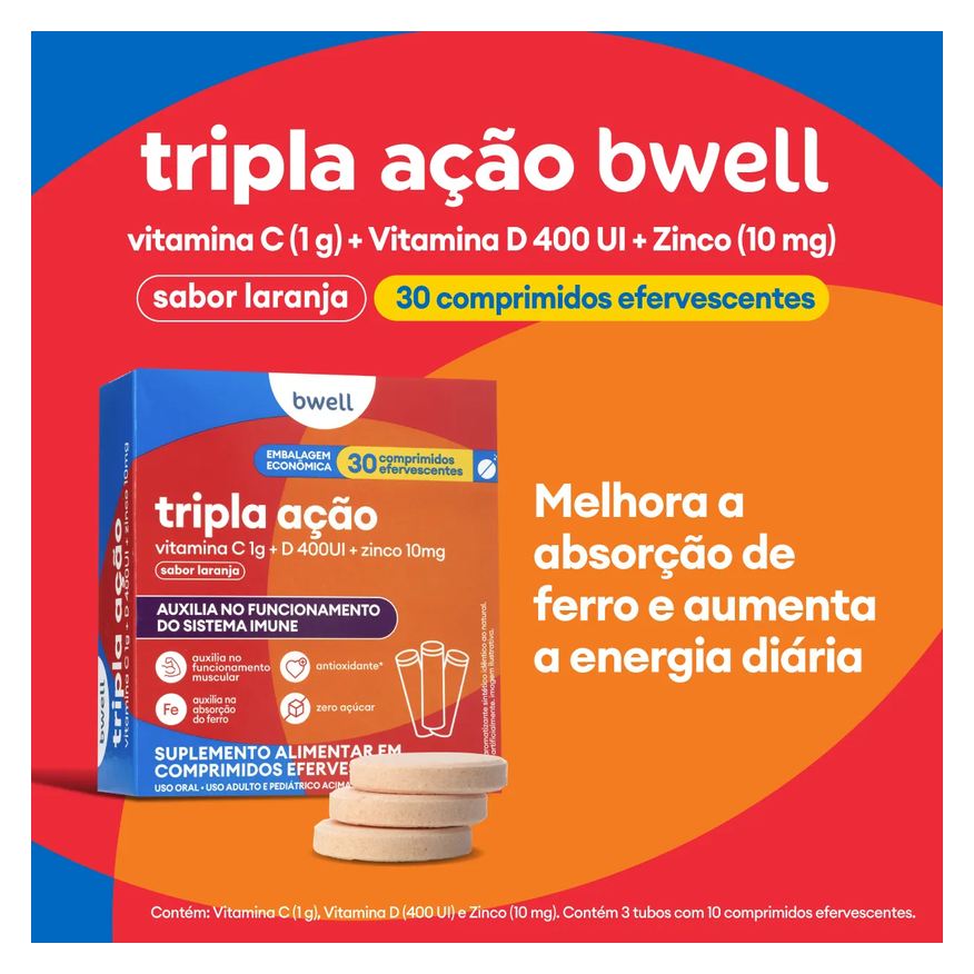 Vitamina C bwell Tripla Ação 30 Comprimidos Efervescentes