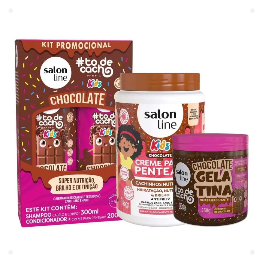 Salon Line Kit Kids: Shampoo e Condicionador + Creme para Pentear 1kg e Gelatina Hidratante Chocolate