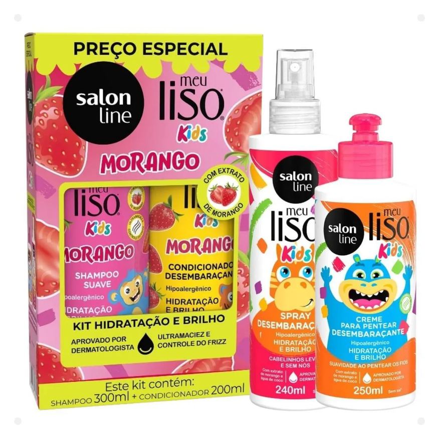 Salon Line Kit Meu Liso Kids: Shampoo 300ml e Condicionador 200ml Morango + Creme para Pentear 250ml e Spray Desembaraçante 240ml
