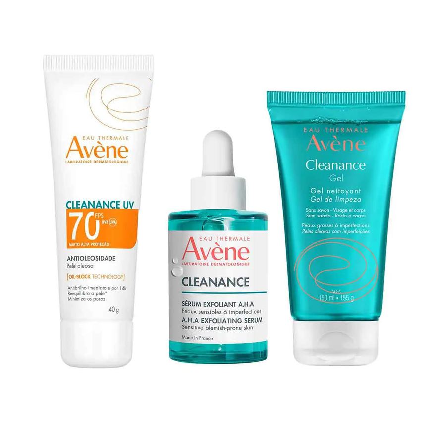 Avène Kit Cleanance Gel de Limpeza Rosto e Corpo + 1 Protetor Solar Facial UV FPS 70 + Sérum Esfoliante Eau Thermale A.H.A