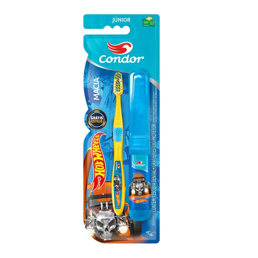 Condor Escova Dental Macia Hot Wheels Júnior Cabeça P Estojo Protetor