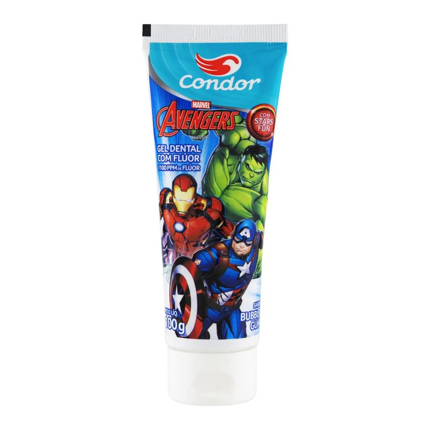 Condor Gel Dental Infantil com Flúor Bubble Gum com Stars Fun Avengers Bisnaga 100g
