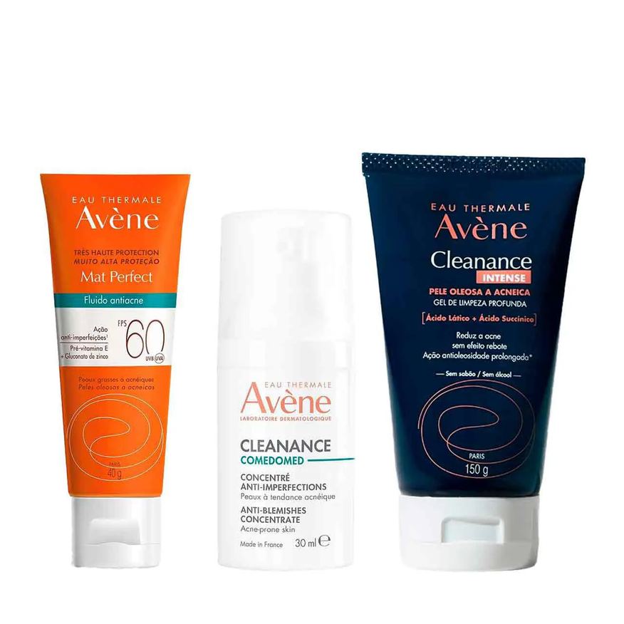Avène Kit Cleanance Gel de Limpeza Profunda Intense + Sérum Corretor Facial Antiacne Comedomed + Protetor Solar Facial Fluido Anti Acne FPS 60 Mat