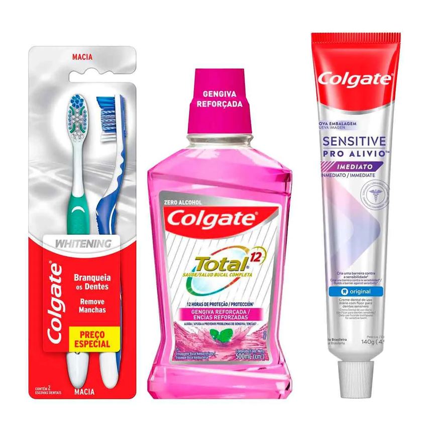Colgate Kit Escova de Dente Whitening Macia Cabeça Compacta 2 Unidades + Pasta de Dente Sensitive Pro-Alívio Imediato + Enxaguante Antisséptico Bucal