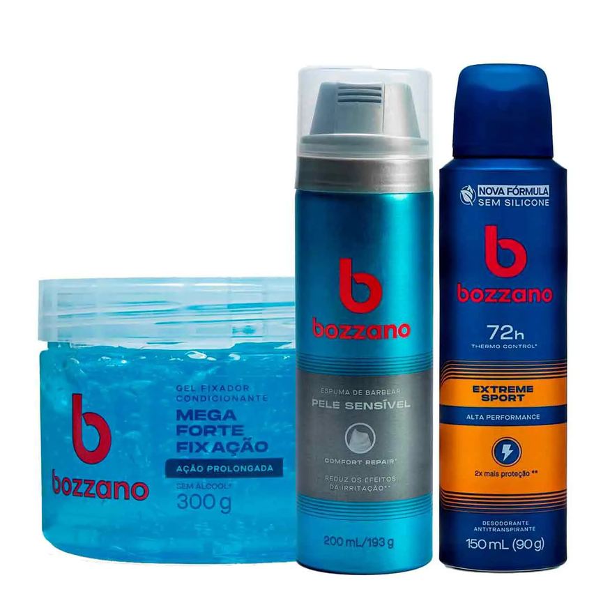 Bozzano Kit Masculino Gel Fixador Condicionante Ação Prolongada + Espuma de Barbear Pele Sensível + Desodorante Antitranspirante Aerosol Extreme