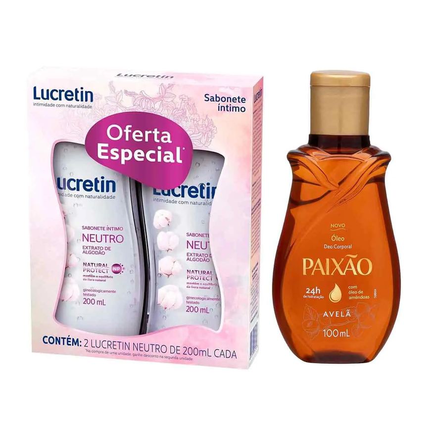 Kit Sabonete Líquido Íntimo Lucretin Neutro com 2 Unidades de 200ml + Óleo Corporal Paixão Amêndoas com Avelã 100ml