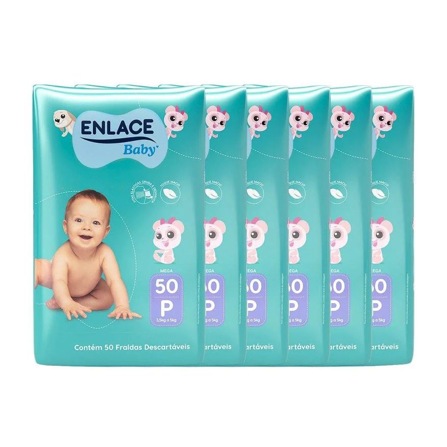 Enlace Fralda Descartável Baby Mega Tamanho P - 6 Pacotes com 50 Fraldas - Total 300 Tiras