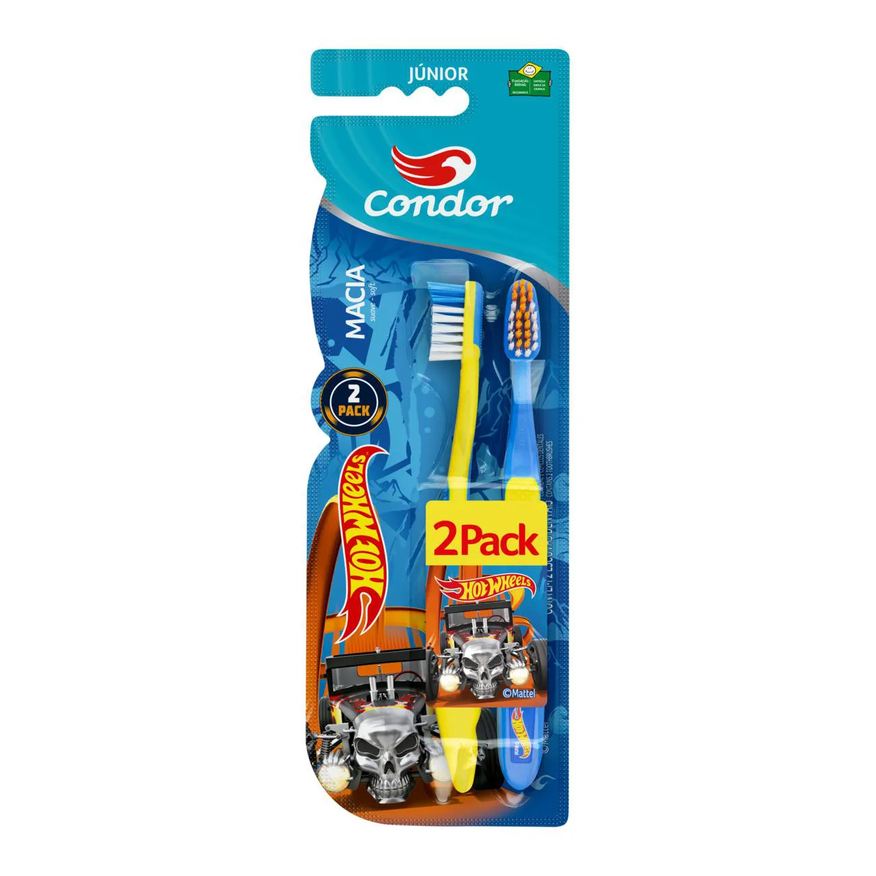 Condor Escova Dental Macia com Limpador de Língua Hot Wheels Júnior Cabeça P 2 Unidades