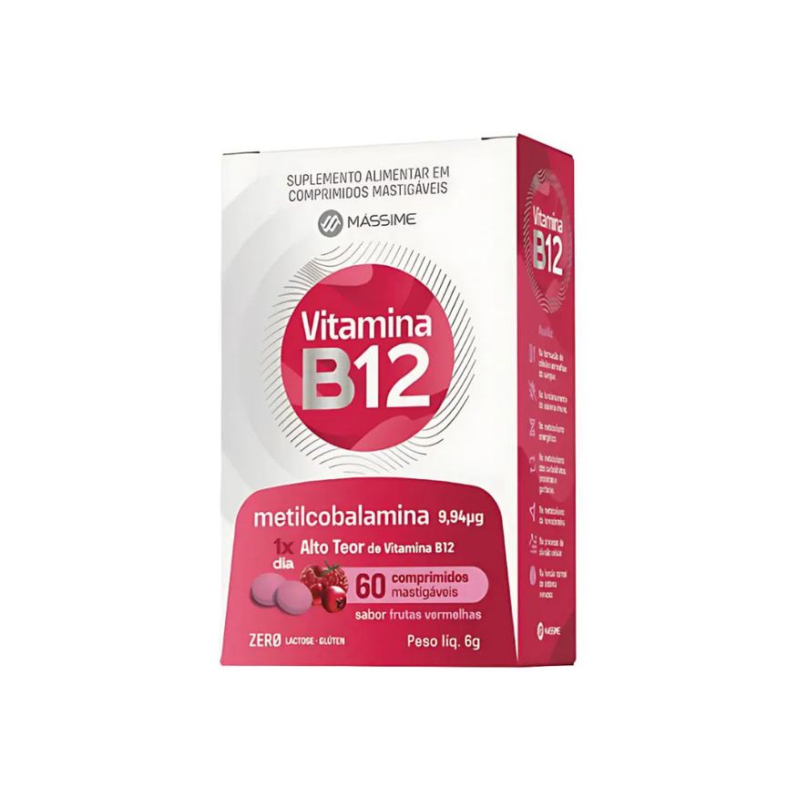 Massime Vitamina B12 9,94mcg 60cpr Mastigável Metilcobalamina - Dose Máxima Sabor Frutas Vermelhas