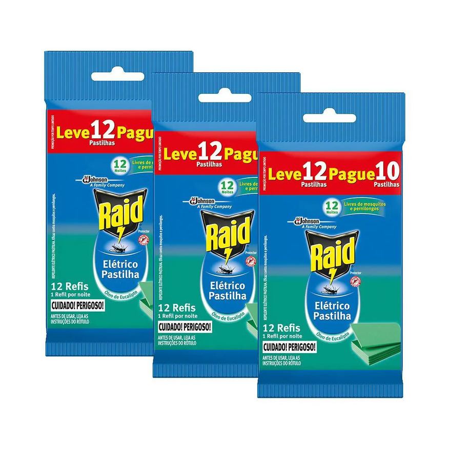 Refil Kit 36 Pastilhas Repelente Raid Elétrico Óleo de Eucalipto