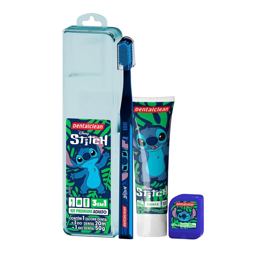 Dentalclean Kit Premium Adulto Disney Stitch 1 Escova de Dente + 1 Fio Dental 20m + 1 Gel Dental 50g
