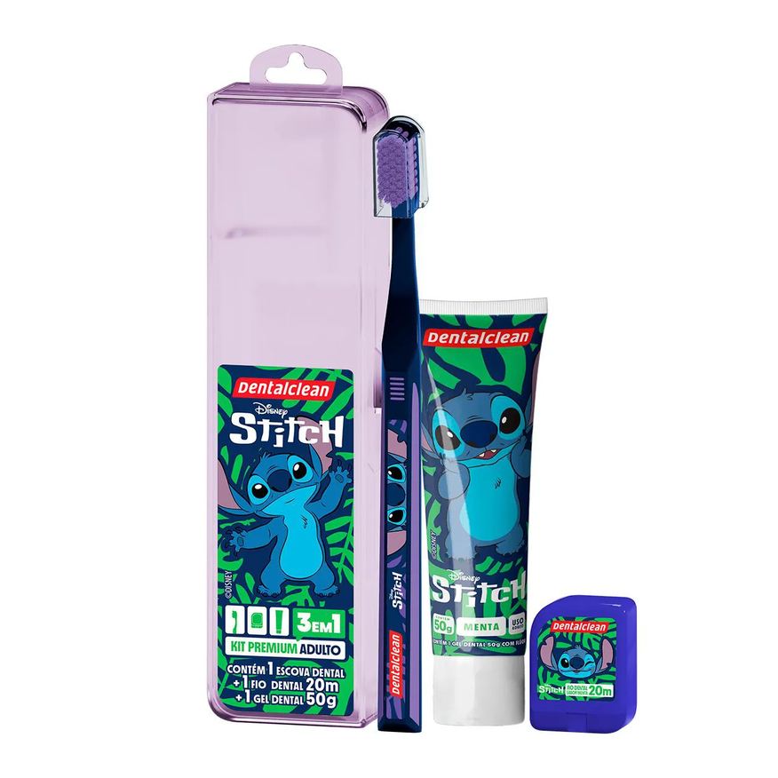 Dentalclean Kit Premium Adulto Disney Stitch 1 Escova de Dente + 1 Fio Dental 20m + 1 Gel Dental 50g