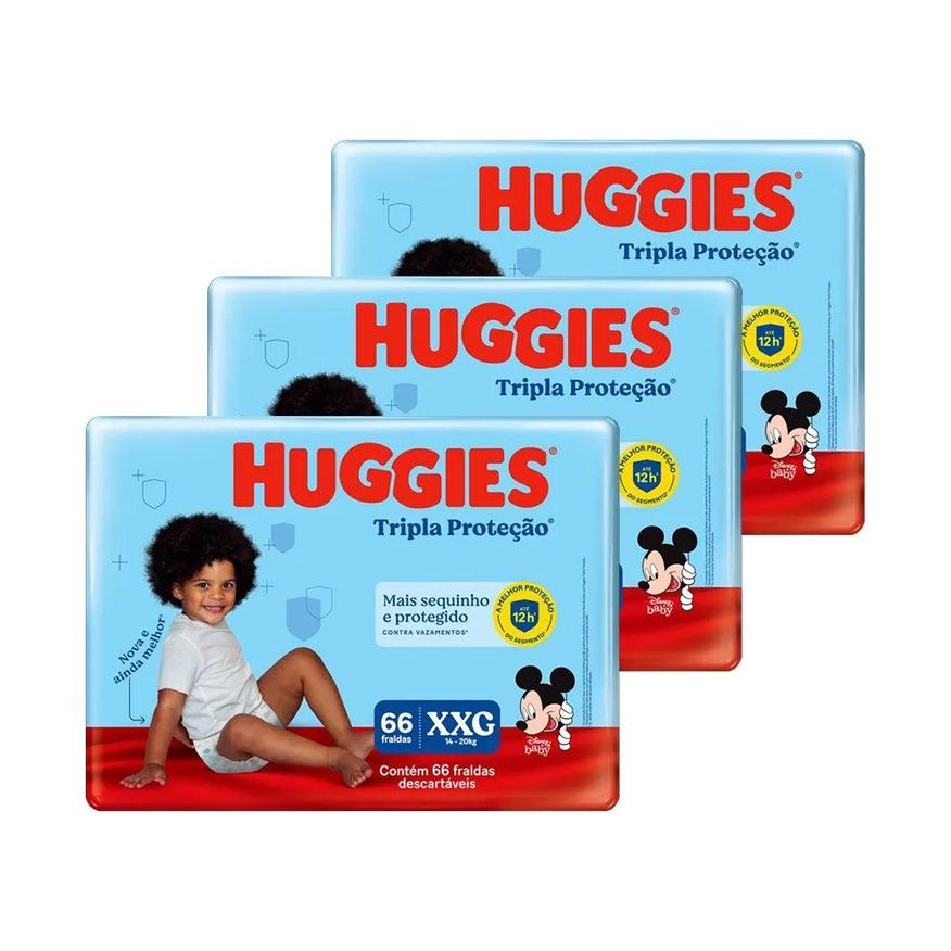 Huggies Fralda Descartável Tripla Proteção Hiper Tamanho Xxg - 3 Pacote com 66 Fraldas - Total 198 Tiras