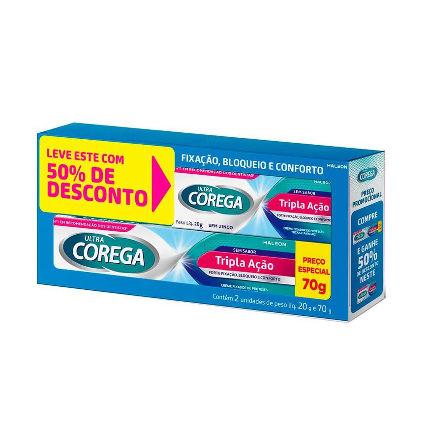 Creme Kit Fixador de Dentadura Ultra Corega Tripla Ação Sem Sabor 70g + 20g