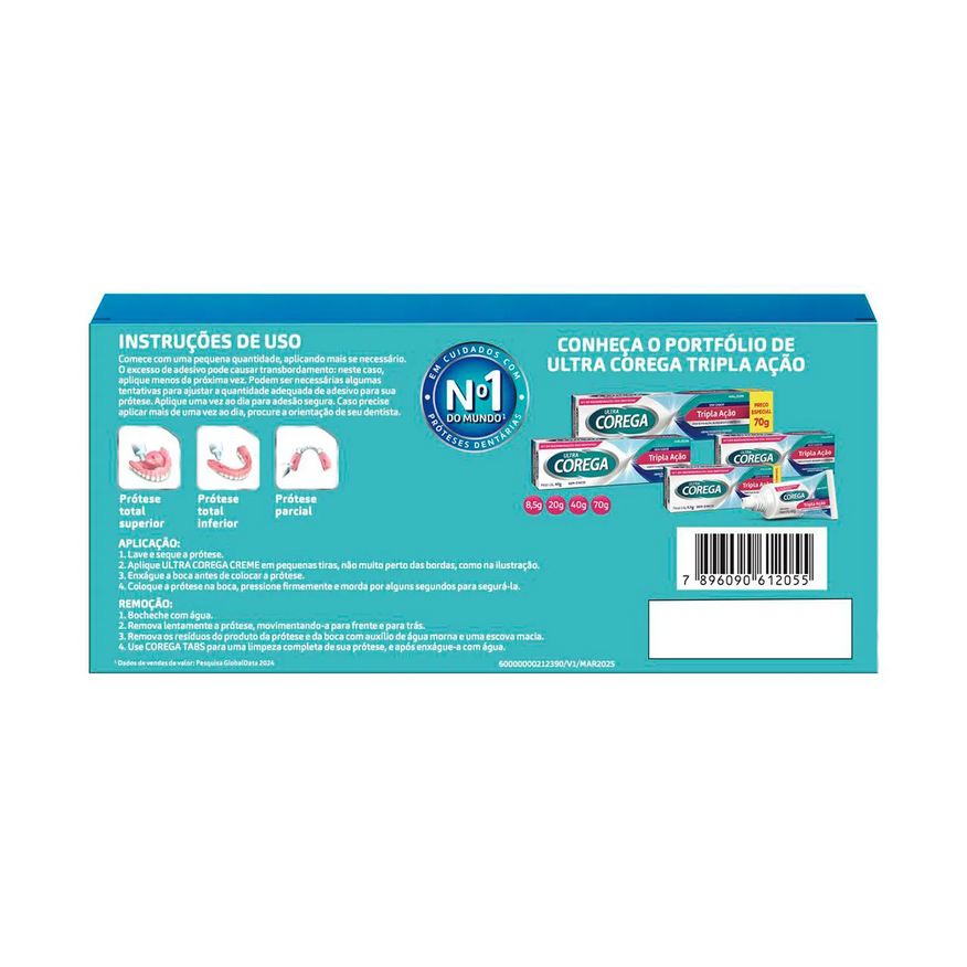 Creme Kit Fixador de Dentadura Ultra Corega Tripla Ação Sem Sabor 70g + 20g