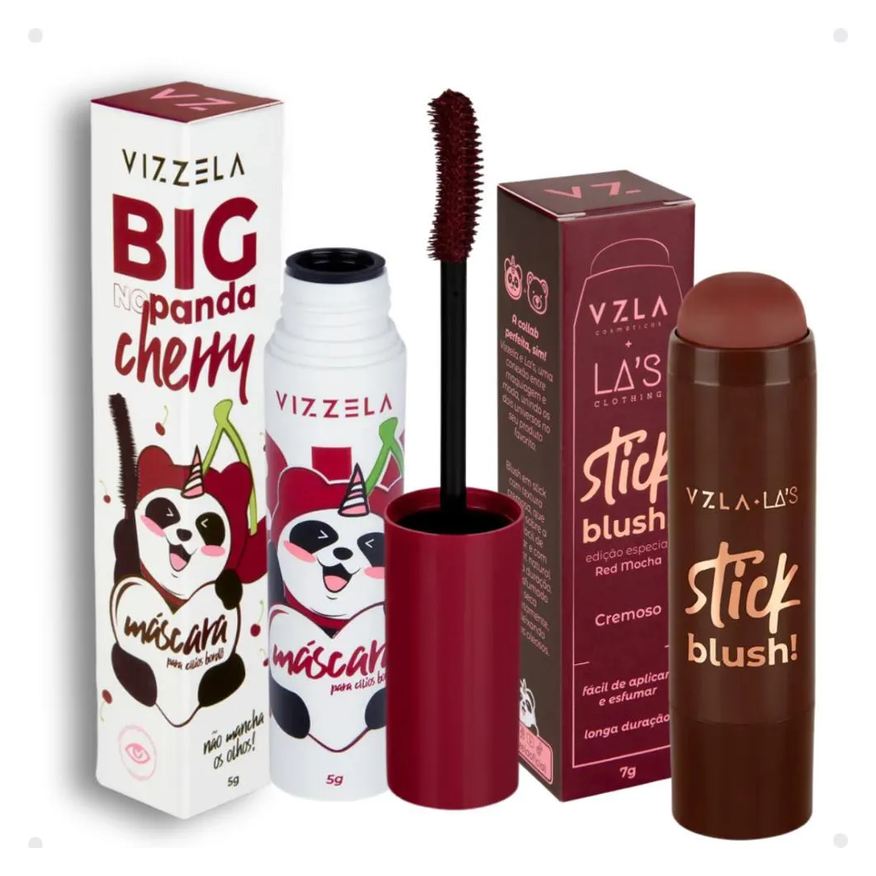 Vizzela Kit Vizzela: Blush Stick Red e Máscara de Cílios No Panda Big Bordô