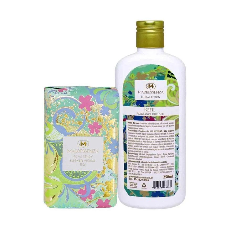 Madressenza Kit Sabonete Vegetal + Refil Difusor de Aromas Floral Lemon 250ml