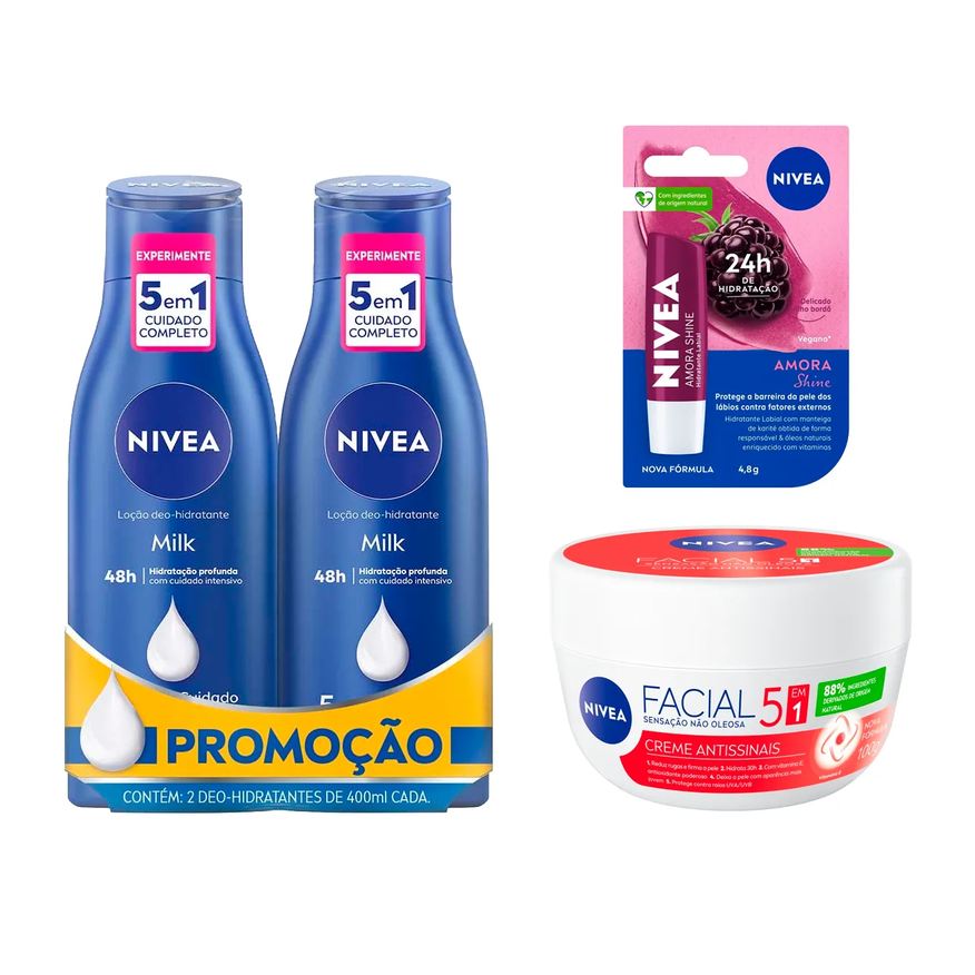 Nivea Kit Hidratantes com Loção 2 Unidades + Labial Nivea Amora Shine de 4,8g + Antissinais Creme 100g