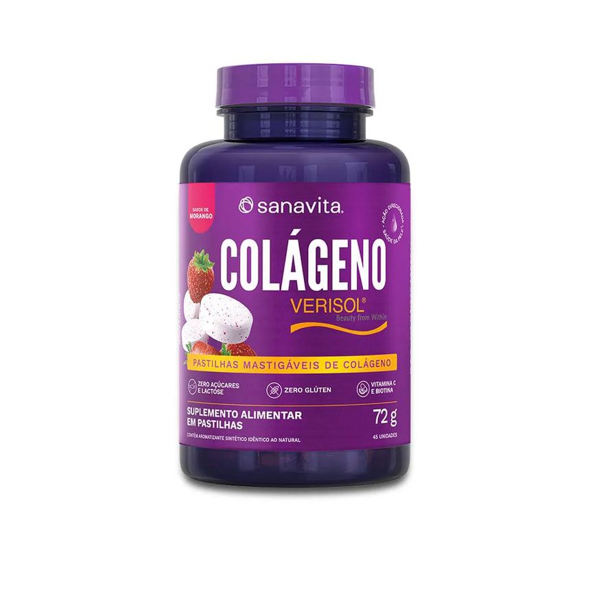 Sanavita Colágeno Verisol ® Pastilhas Mastigáveis Sabor Morango. 72g | 15 Porções