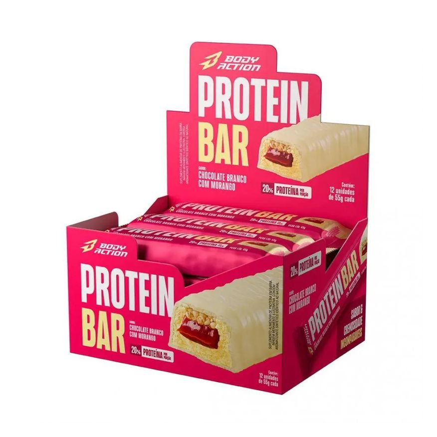 Body Action Protein Bar (Display 12 unidades 55g) - Sabor: Chocolate Branco com Morango