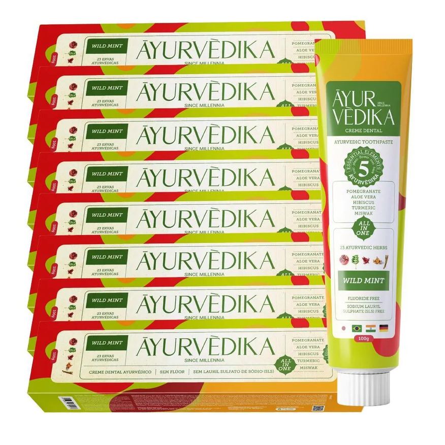 Ayurvedika Kit 8 Creme Dental Ayurvédico Sem Flúor Wild Mint Natural