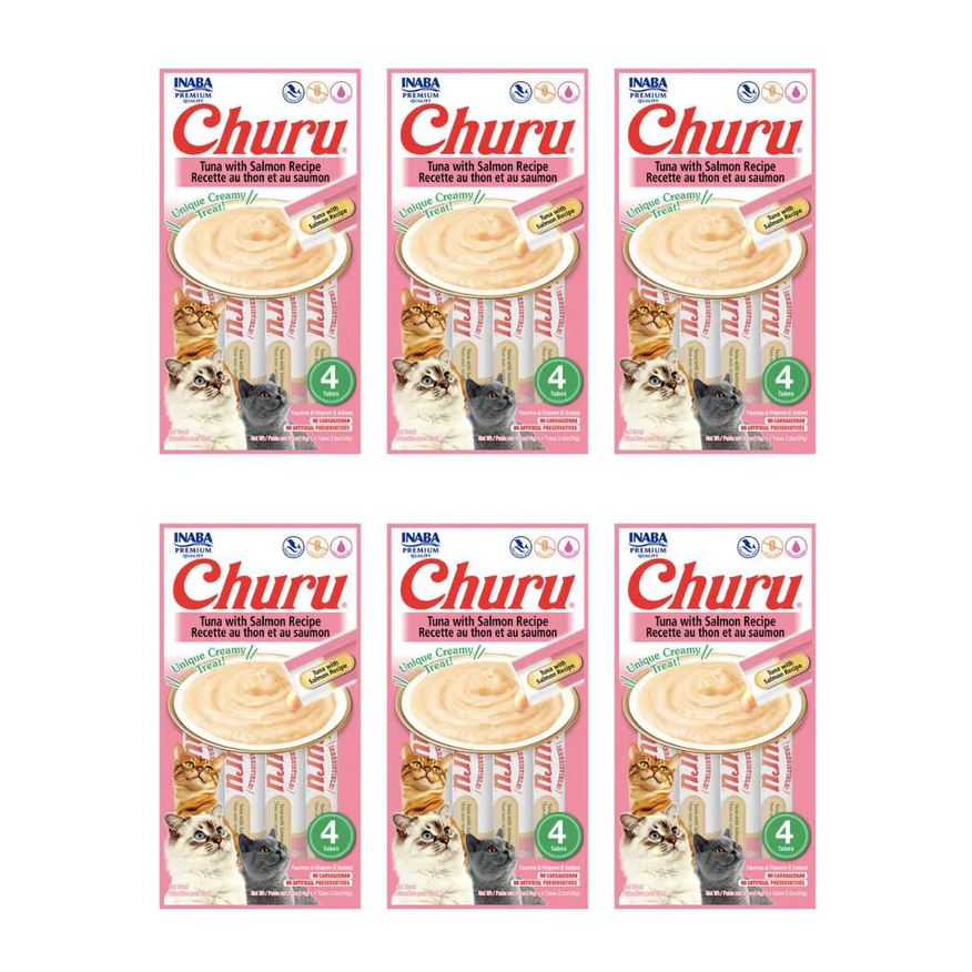 CAIXA 6 UNIDADES PETISCO PURê CHURU ATUM E SALMãO PARA GATOS 56g