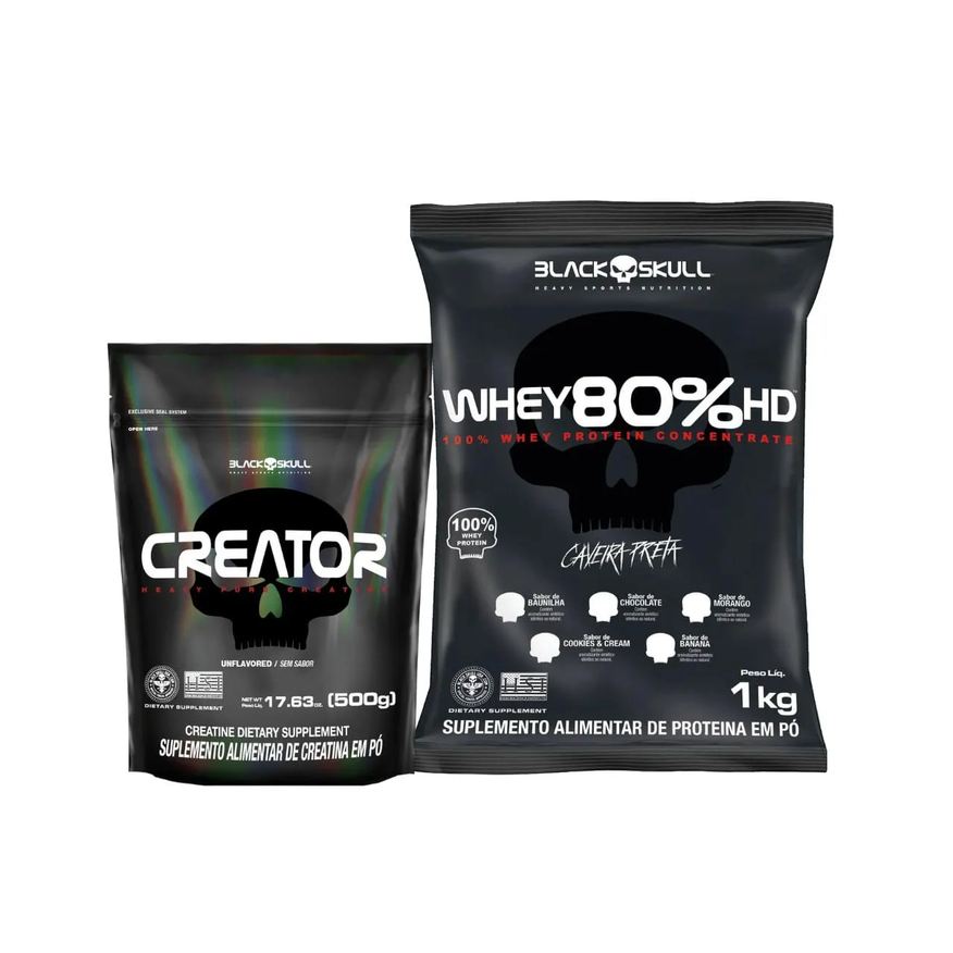 Black Skull Combo Whey 80% Hd + Creator 500g Na Na Chocolate