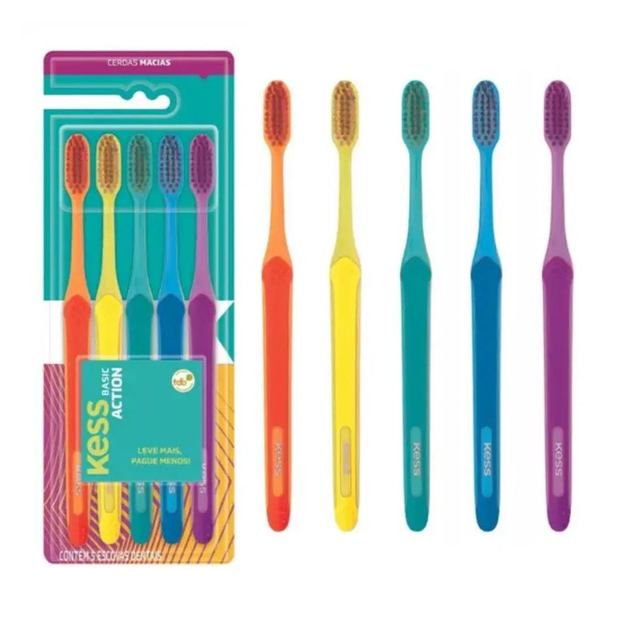 Kess 5 Escovas Dentais Coloridas Basic Action Macia