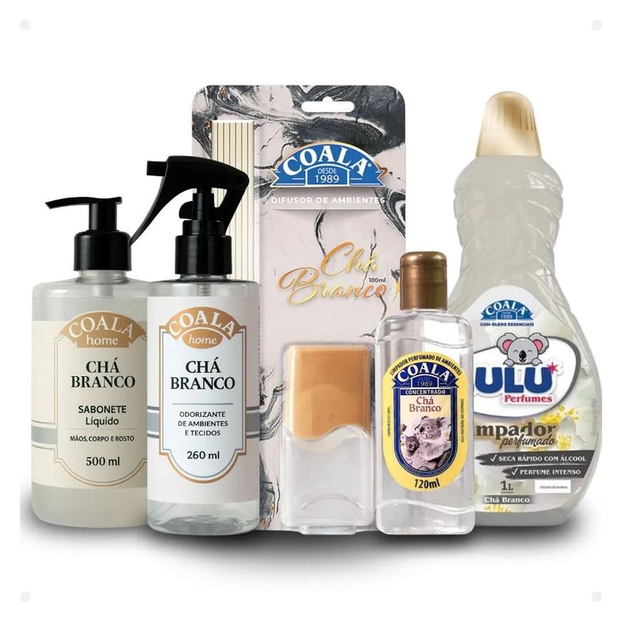 Coala Kit Chá Branco: Sabonete Líquido, Difusor de Aromas, Odorizantes, Limpador Perfumado 120ml e Limpador Zulu 500ml