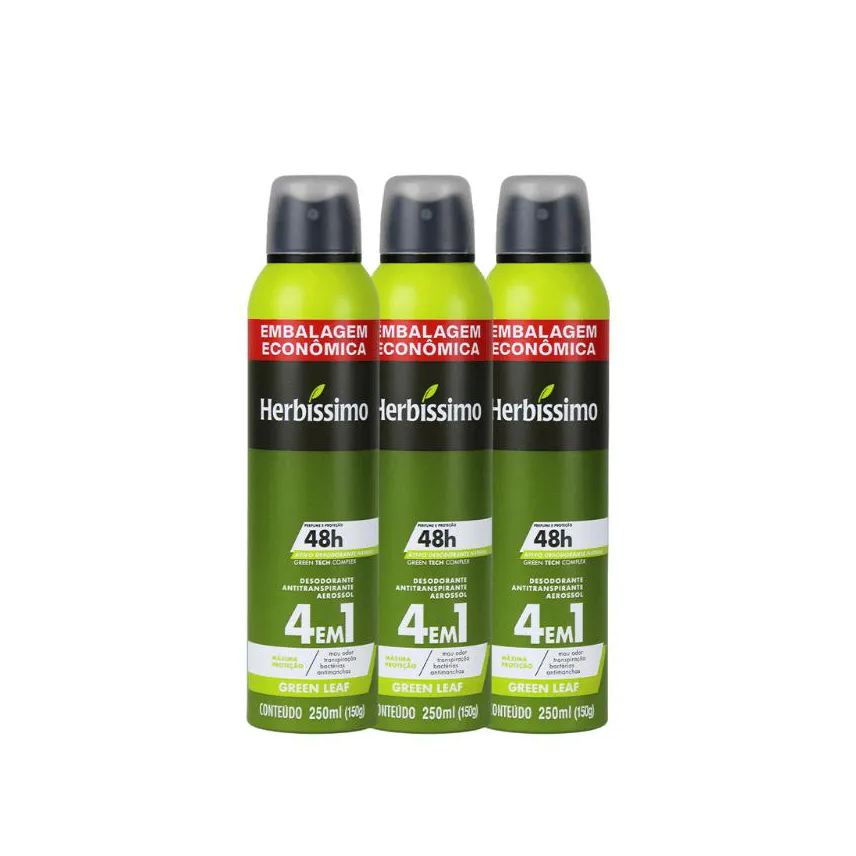 HERBíSSIMO KIT DESODORANTE AEROSOL ANTITRANSPIRANTE GREEN LEAF 250ml - 3 UNIDADES