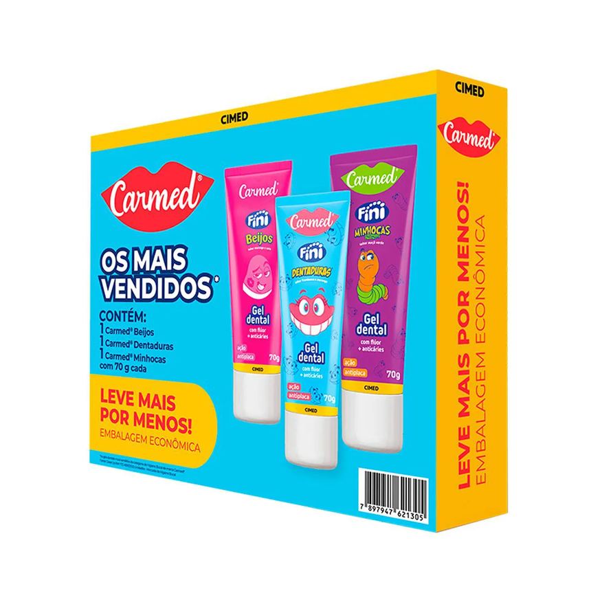 Carmed Kit Oral Care Gel Dental Fini Beijos 70g + Dentadura 70g + Minhocas Azedinhas 70g