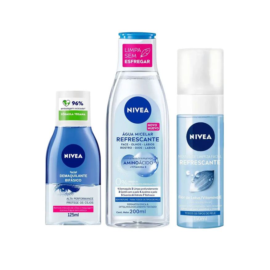Nivea Kit Demaquilante Bifásico 125ml + Água Micelar 7 em 1 Refrescante 200ml + Mousse de Limpeza Facial 150ml