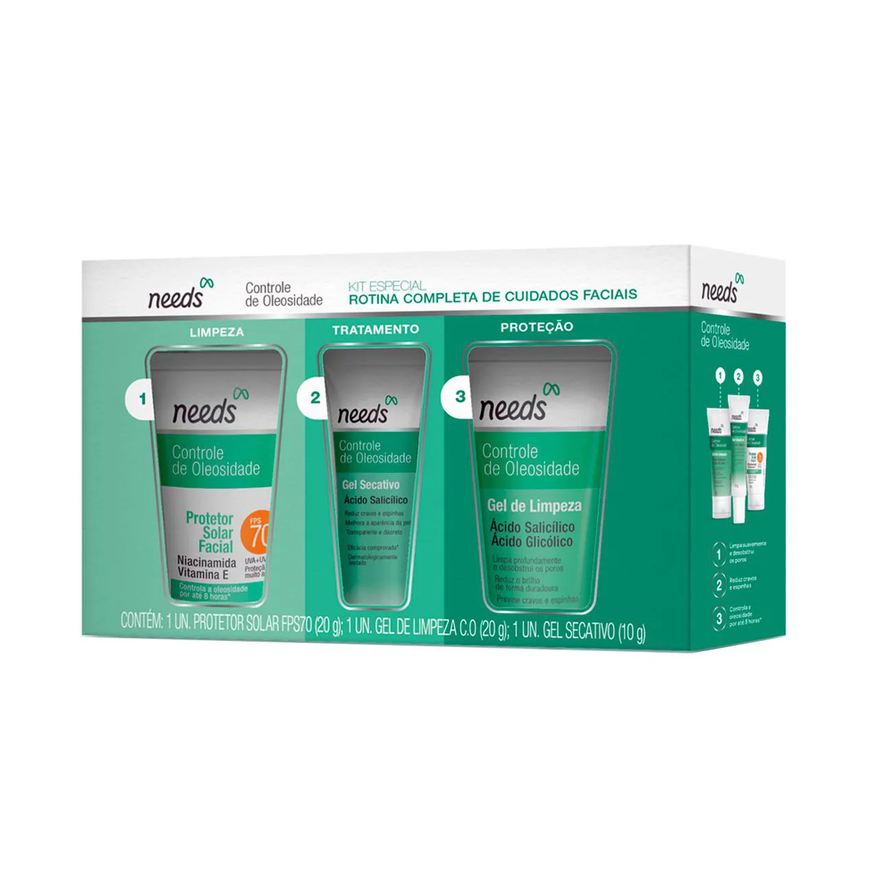 Needs Kit Mini Cuidados Essenciais Controle de Oleosidade Protetor Solar Facial FPS 70 20g + Sabonete Facial 20g + Gel Secativo 10g