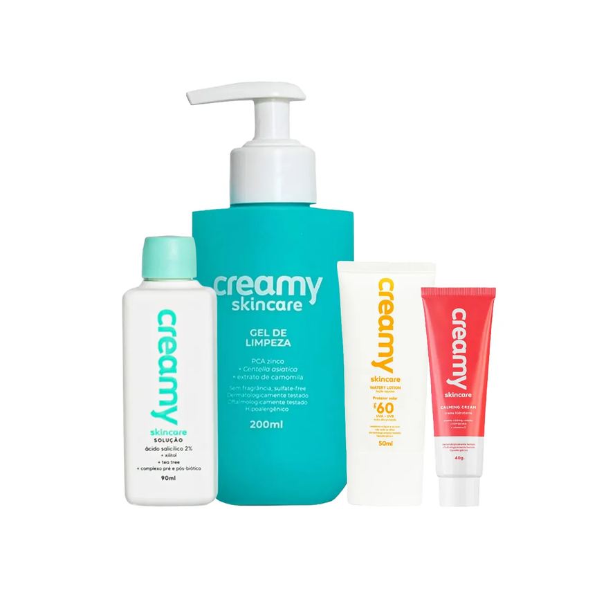 Creamy Kit Facial Skincare Protetor Solar FPS 60 50ml + Creme Hidratante 40g + Gel de Limpeza 200ml + Tônico Antiacne Esfoliante 90ml
