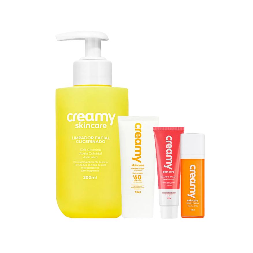 Creamy Kit Facial Skincare Protetor Solar FPS 60 50ml + Creme Hidratante Calming 40g + Sérum Vitamina C 30g + Limpador Glicerinado 200ml
