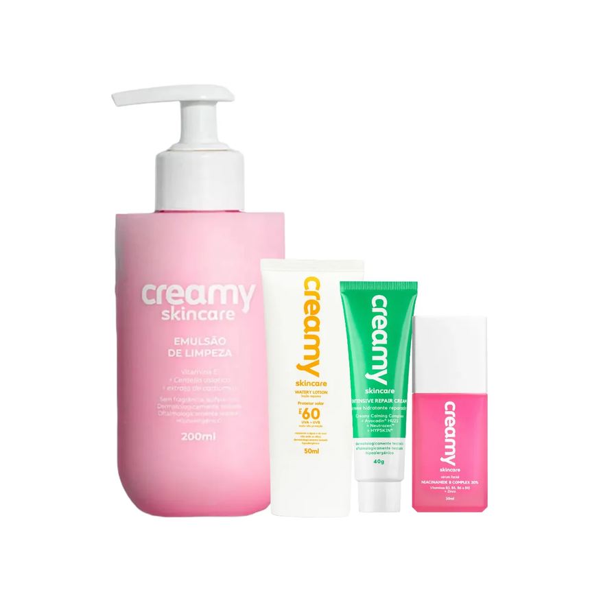 Creamy Kit Facial Skincare Protetor Solar FPS 60 50ml + Creme Hidratante 40g + Emulsão de Limpeza 200ml + Sérum 30ml