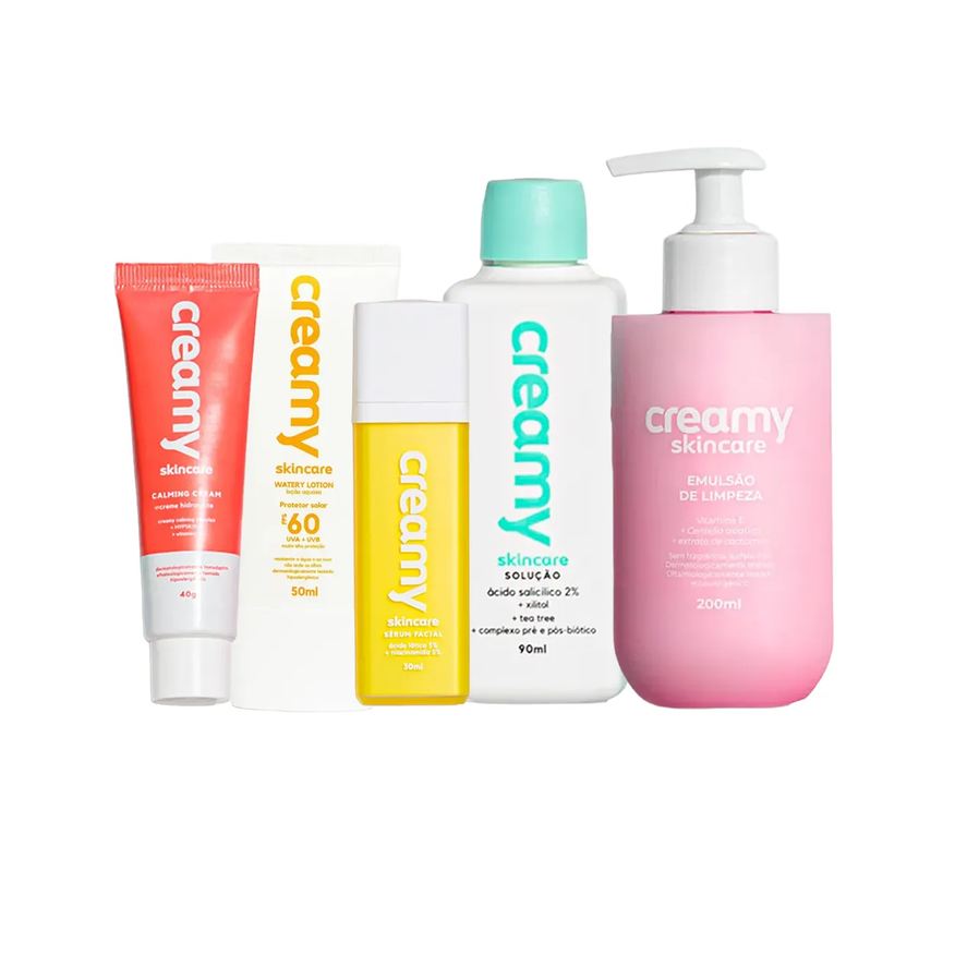Creamy Kit Facial Emulsão de Limpeza 200ml + Tônico Antiacne 90ml + Creme Hidratante Calming 40g + Protetor Solar FPS 60 50ml + Sérum Ácido Lático 30g
