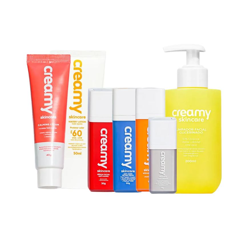 Creamy Kit Facial Limpador Facial 200ml + Sérum Vitamina C 30g + Creme Firmador Peptide 30g + Protetor Solar FPS 60 50ml + Sérum Anti-Idade 30g +