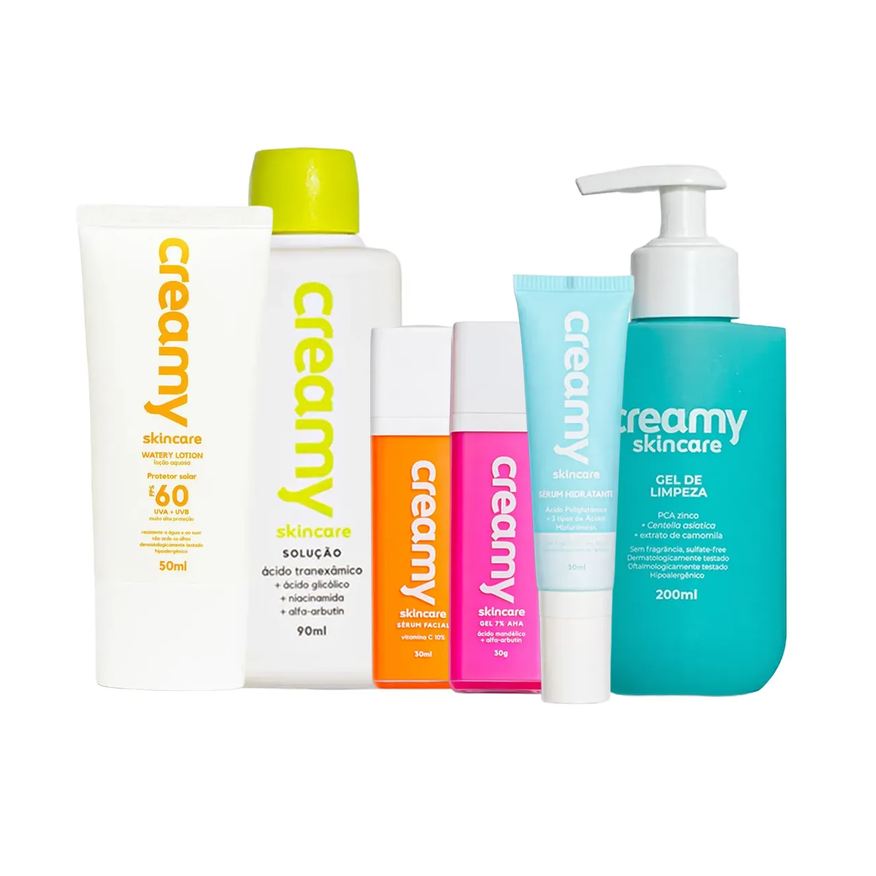 Creamy Kit Facial Gel de Limpeza 200ml + Tônico Clareador 90ml + Sérum Facial Vitamina C + Sérum Facial Hidratante 30ml + Protetor Solar FPS 60 50ml