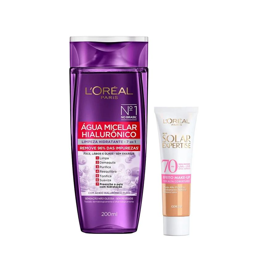 L'Oréal Paris Kit Facial Água Micelar Hialurônico Limpeza Hidratante 7 em 1 200ml + Protetor Solar Expertise Efeito Make Up FPS 70 Cor 2.0 30g