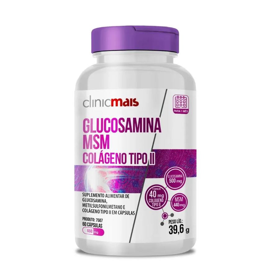 Clinic Mais Glucosamina, Msm e Colágeno Tipo 2 60 Cápsulas 660mg Clinicmais