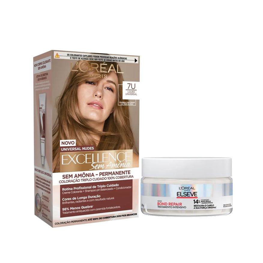 L'Oréal Paris Kit Tinta de Cabelo Permanente Imédia Excellence Sem Amônia - 7U Louro Universal + Creme de Tratamento Intensivo Elseve Bond Repair 200g